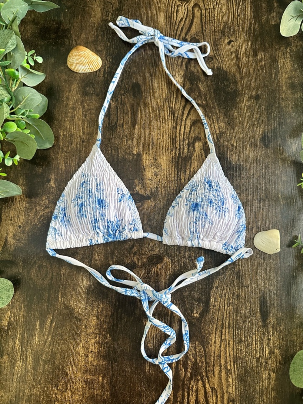 Blue and White Floral Triangle Bikini Top